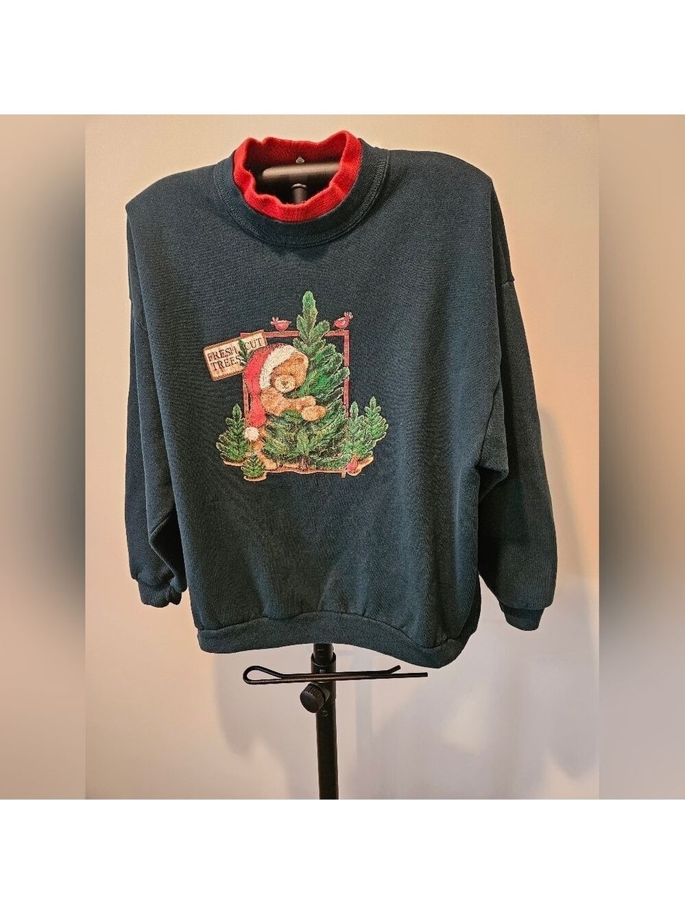 MORNING SUN WOMEN'S VINTAGE 90s GREEN W/RED MOCK NECK GRAPHIC SWEATSHIRT SIZE LP